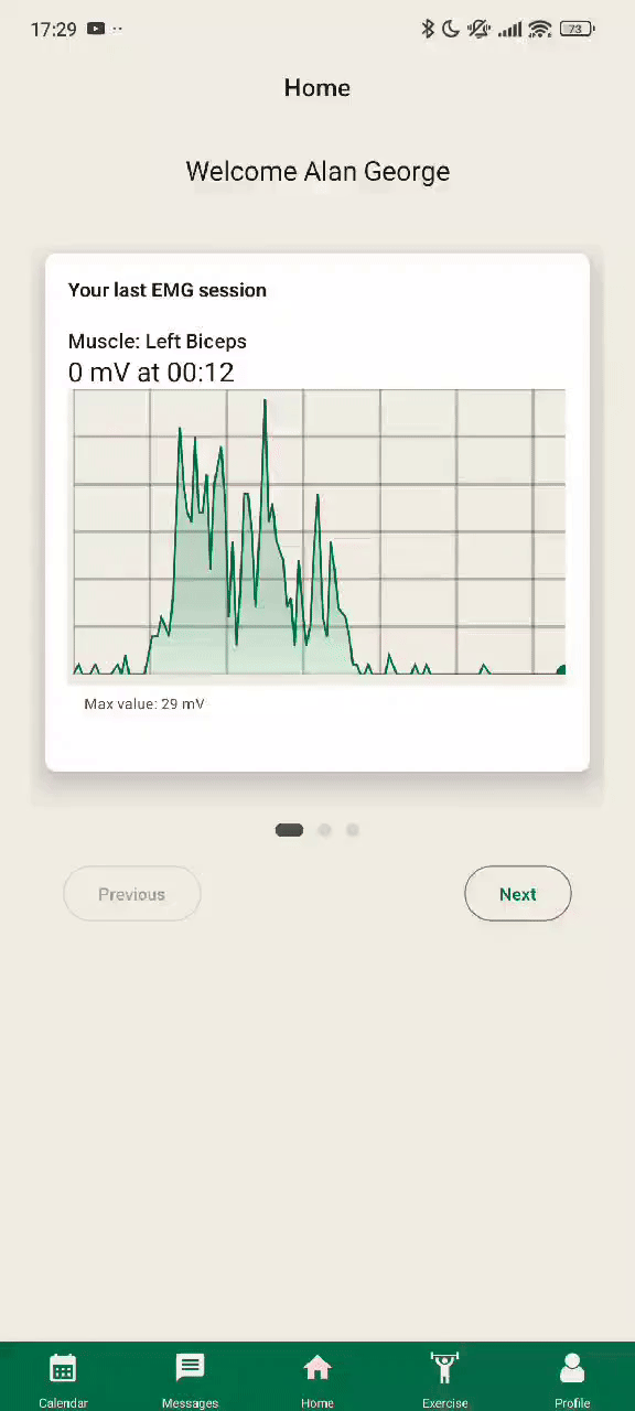 Animated Myovine app home screen showing real-time EMG session graph of left biceps muscle activity